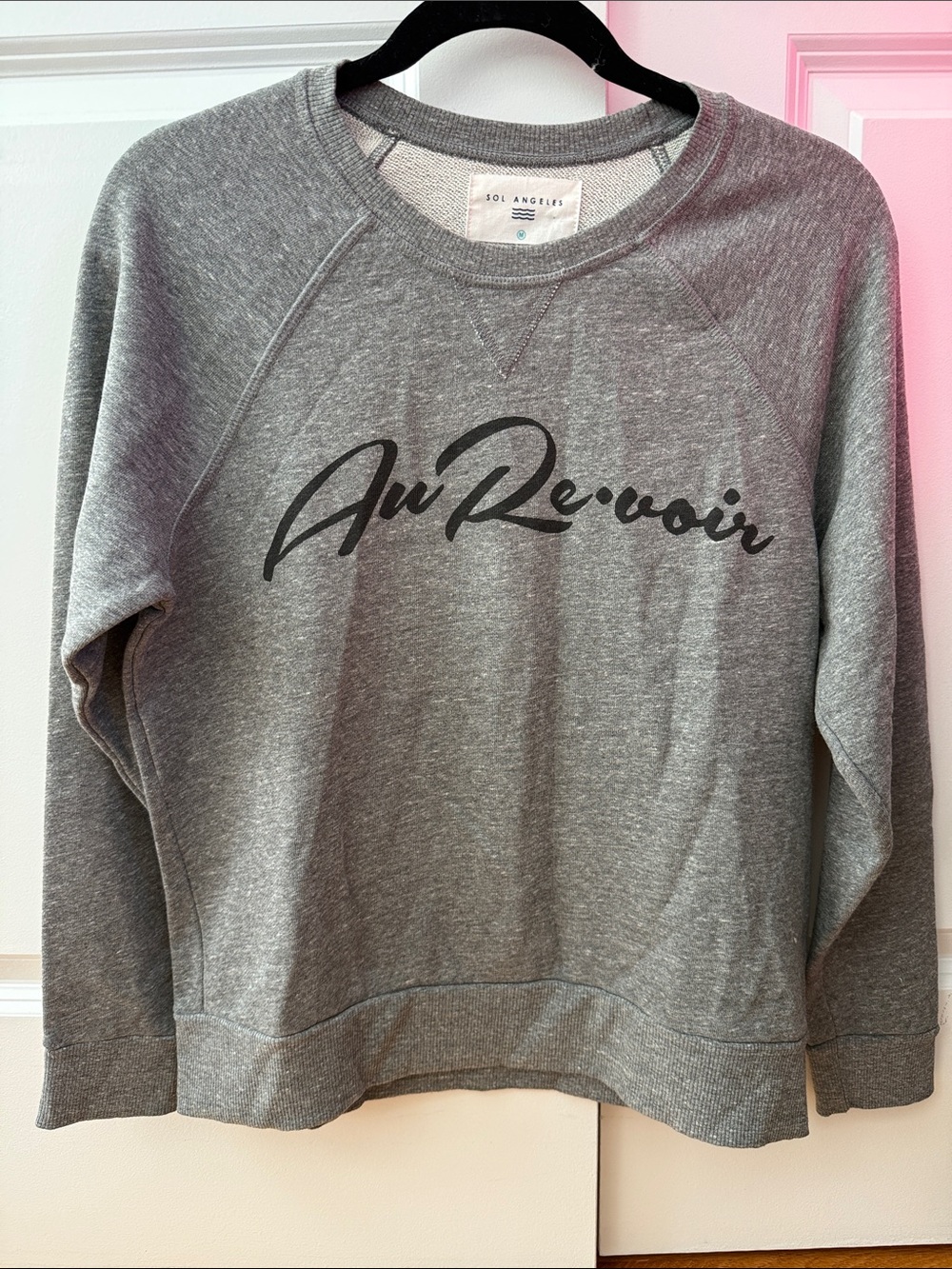 Sol Angeles Gray Crewneck Sweatshirt with 'Au Revoir' Script